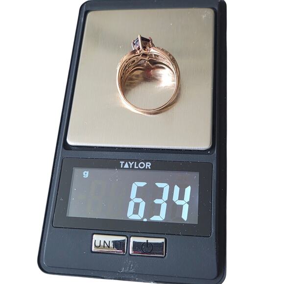 3.98ctw Vermeho Garnet, Black Diamond, White Topaz 18K Gold Over S/S Sz 10-10.5 - Picture 8 of 9